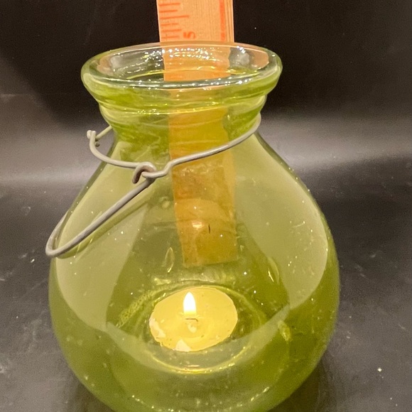 Outdoor glass tea light hanging lantern globe yellow bulbous indent candle - Picture 12 of 13